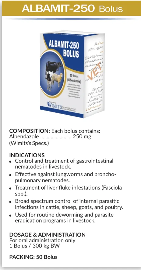 ALBAMIT-250 Bolus-Each bolus contains: Albendazole....250mg   (Wimits Specs) – Wimits Pharmaceuticals