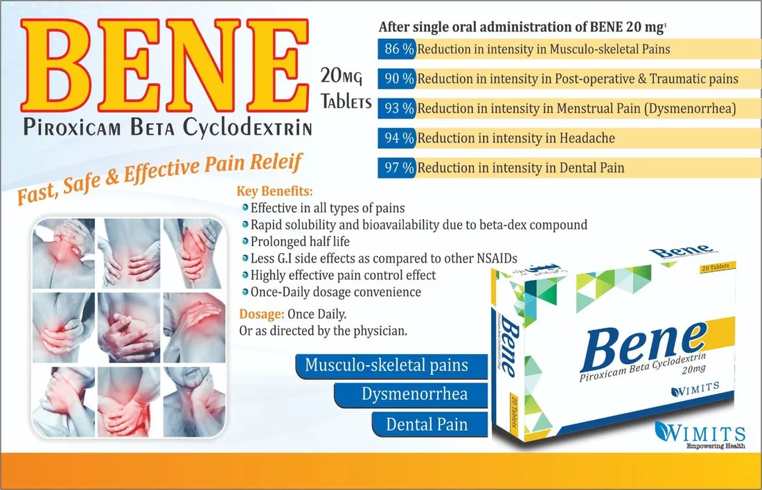 Bene 20mg Tablet (PIROXICAM BCD…. 20 mg) box pack – WIMITS Pharmaceuticals