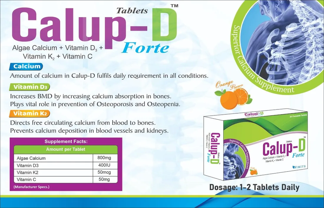 Calup-D Forte Tab (Chewable) (Calcium (Red Algae)) box pack – WIMITS Pharmaceuticals