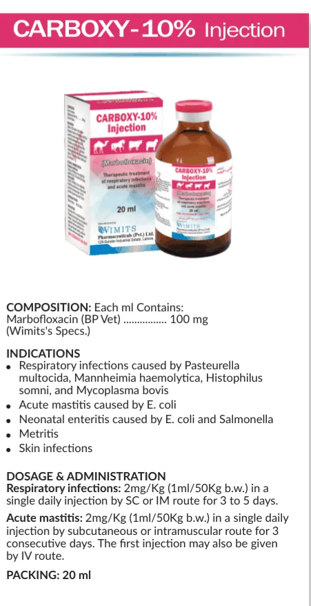 CARBOXY-10% Injection-(for 1 ml)-Marbofloxacin (BP Vet)....100mg   (Wimits Specs) – Wimits Pharmaceuticals