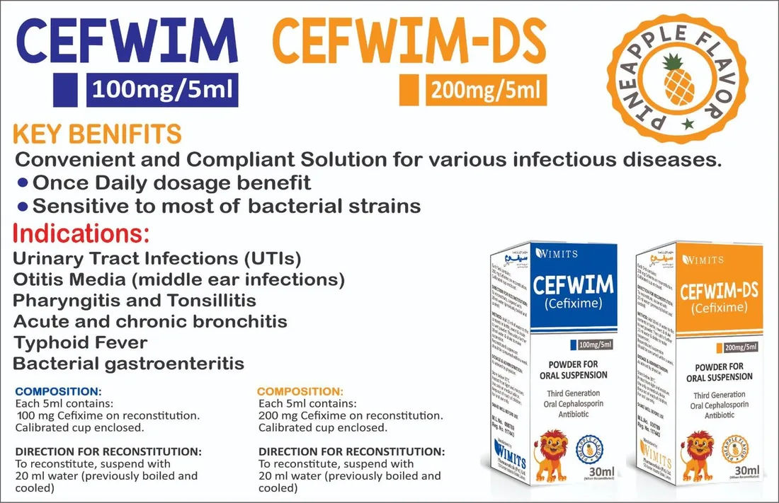 Cefwim 100mg/5ml Suspension (Cefixime) box pack – WIMITS Pharmaceuticals