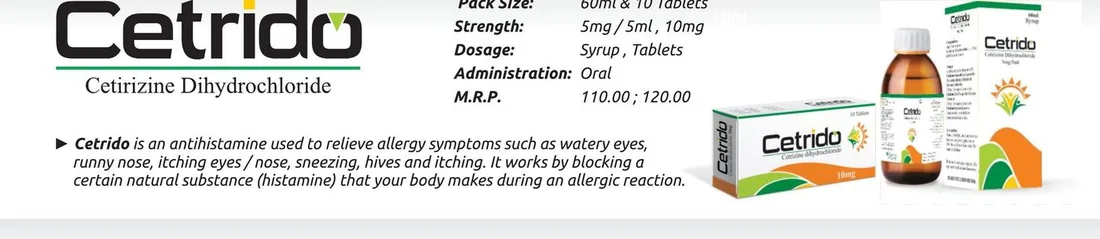 Cetrido Tablet / Syrup (Cetirizine Dihydrochloride 10mg Tablet / 5mg/5ml Syrup) detail image – Wimits Pharmaceuticals