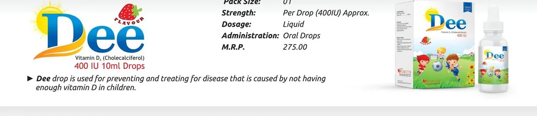 Dee Drops (Vitamin D3 (Cholecalciferol)....400 IU/ml) detail image – Wimits Pharmaceuticals