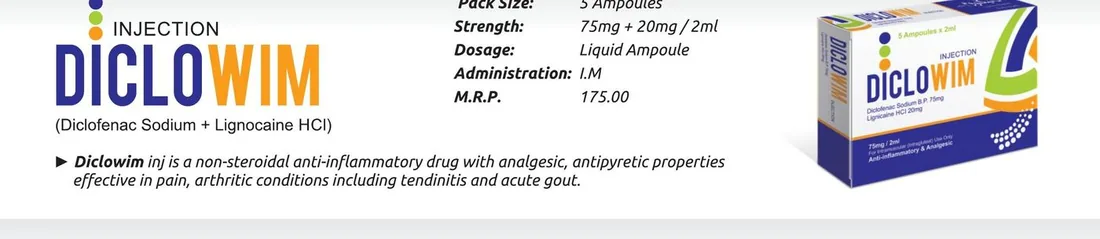 Diclowim Injection (Diclofenac Sodium 75mg + Lignocaine HCl) detail image – Wimits Pharmaceuticals