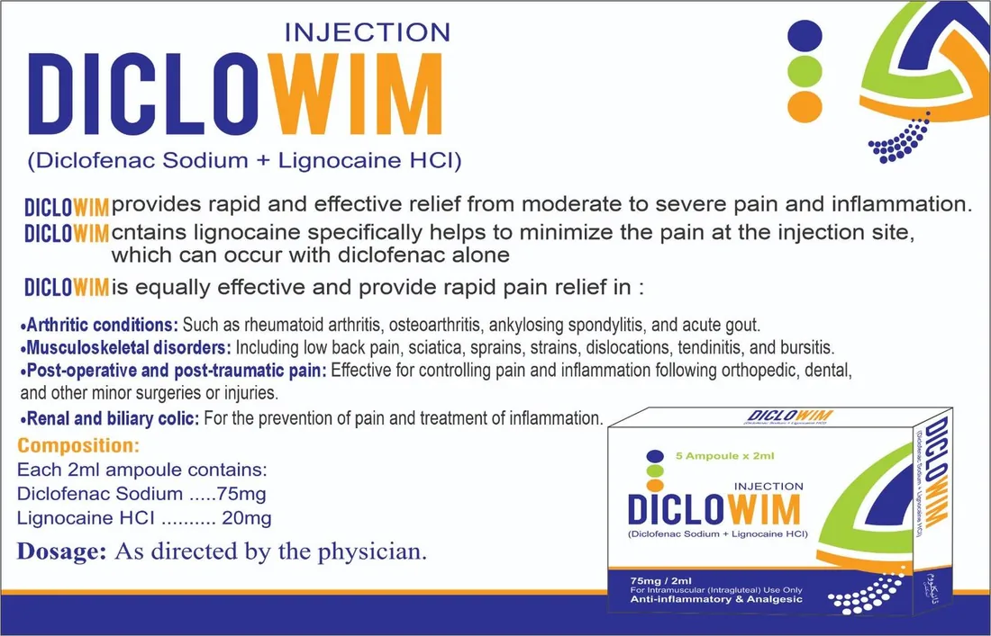 Diclowim Injection (Dicolofenac Sodium) box pack – WIMITS Pharmaceuticals