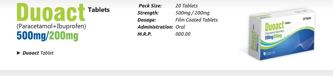 Duoact Tablet (Paracetamol 500mg + Ibuprofen 200mg) detail image – Wimits Pharmaceuticals