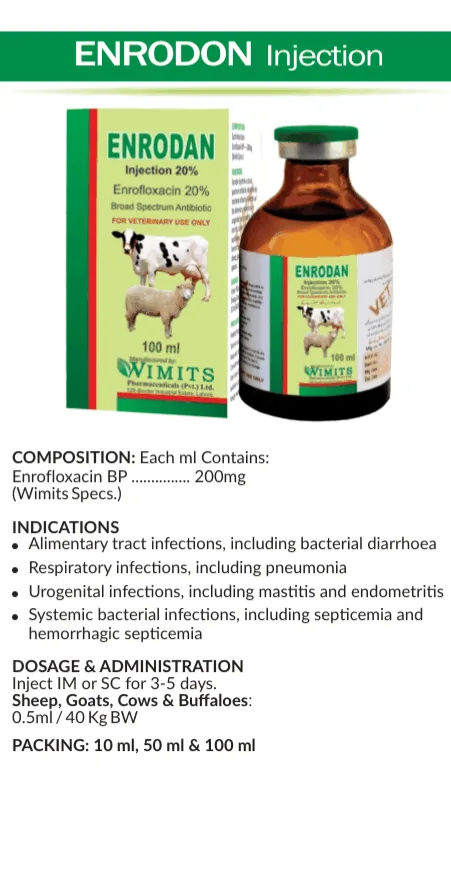 ENRODON Injection-(for 1 ml)-Enrofloxacin BP....200mg  (Wimits Specs)  – Wimits Pharmaceuticals