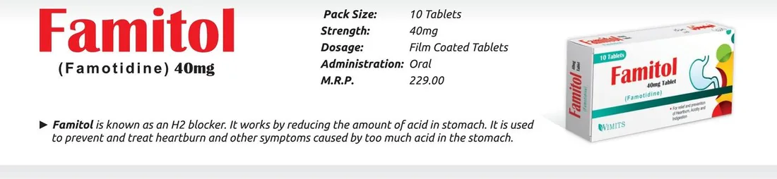 Famitol 40mg Tablet (Famotidine.......................40 mg) detail image – Wimits Pharmaceuticals