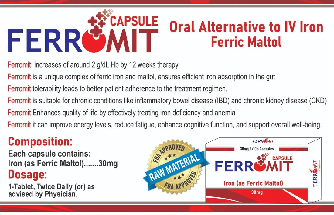 Ferromit 30mg Capsule (Iron (as Ferric Maltol)) box pack – WIMITS Pharmaceuticals