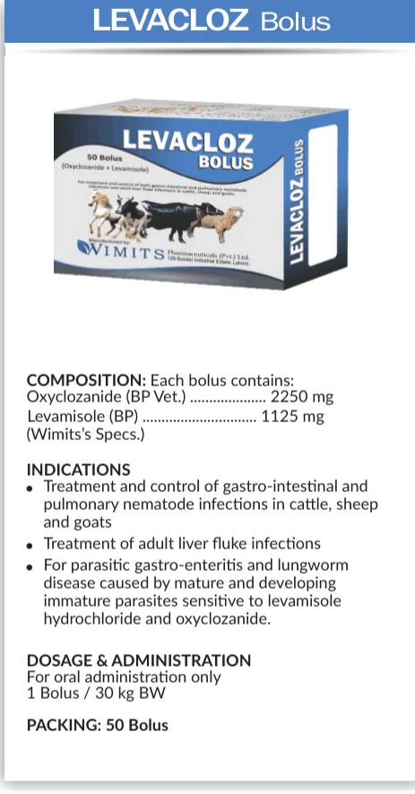 Each bolus contains: Oxyclozanide (BP Vet.)....2250mg   Levamisole(BP)....1125mg   (Wimits Specs) – Wimits Pharmaceuticals