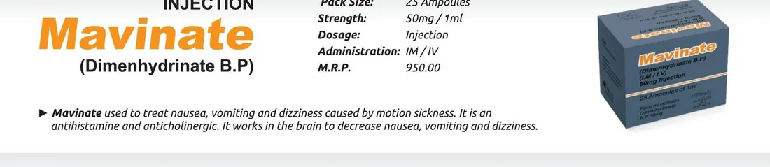 Mavinate Injection (Dimenhydrinate.................50 mg) detail image – Wimits Pharmaceuticals