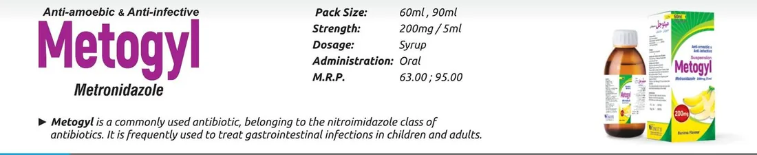 Metogyl Suspension (Metronidazole....................200 mg/5 ml) detail image – Wimits Pharmaceuticals