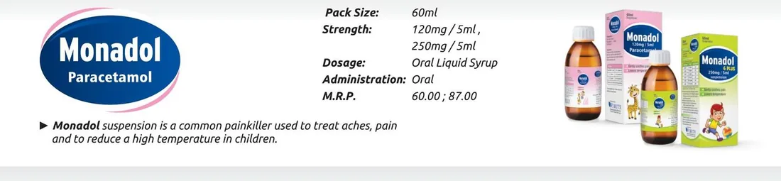 Monadol Suspension (Paracetamol 120mg/5ml & 250mg/5ml (6 Plus)) detail image – Wimits Pharmaceuticals
