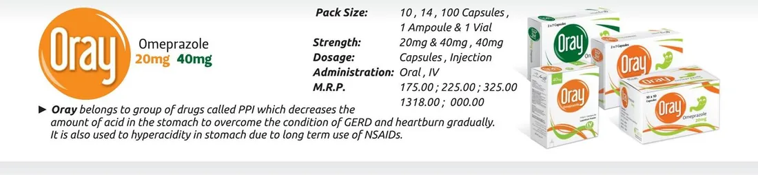 Oray (Omeprazole) (Omeprazole 20mg / 40mg Capsule / 40mg IV Injection) detail image – Wimits Pharmaceuticals