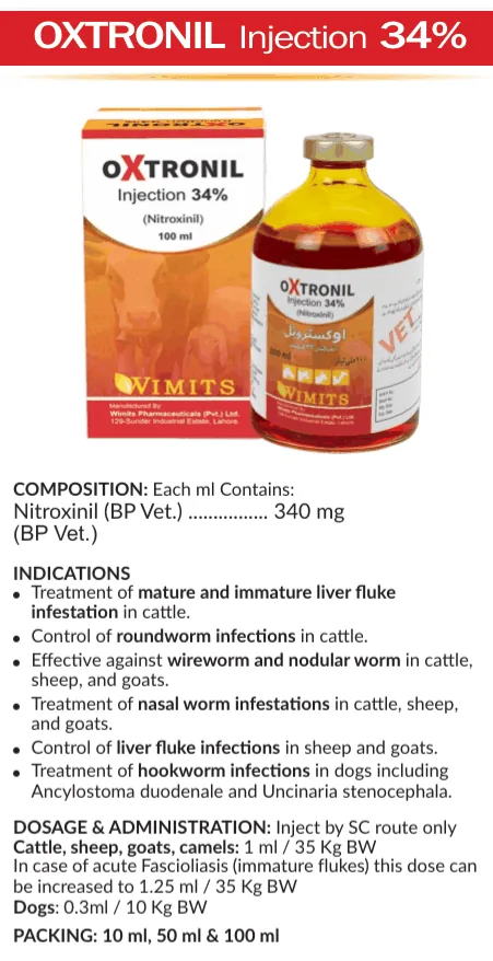 OXTRONIL Injection 34%-(for 1 ml)-Nitroxinil (BP Vet.).....340 mg   (BP Vet.) – Wimits Pharmaceuticals