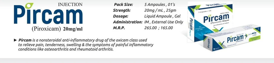 Pircam (Piroxicam) (Piroxicam 20mg/ml Injection / 0.5% w/w Gel) detail image – Wimits Pharmaceuticals