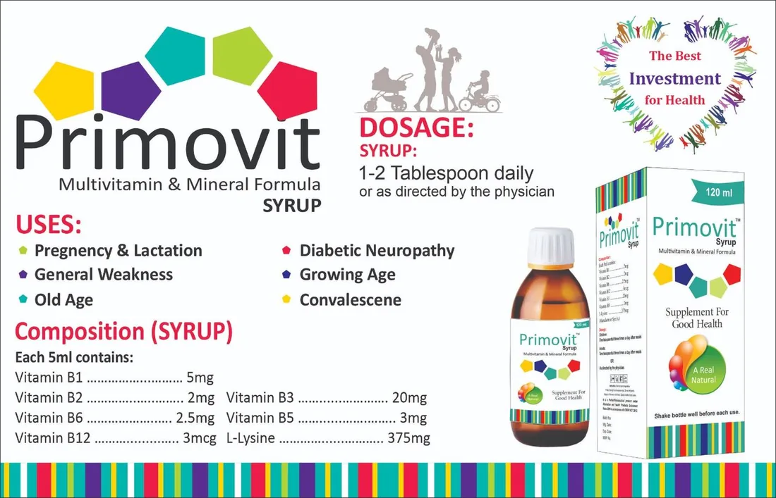 Primovit Syrup (Multivitamin + L-Lysine) box pack – WIMITS Pharmaceuticals