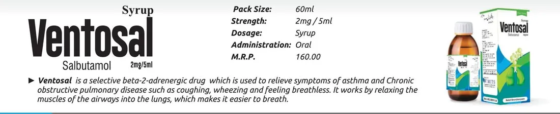 Ventosal Syrup (Salbutamol.........................2 mg/5 ml) detail image – Wimits Pharmaceuticals