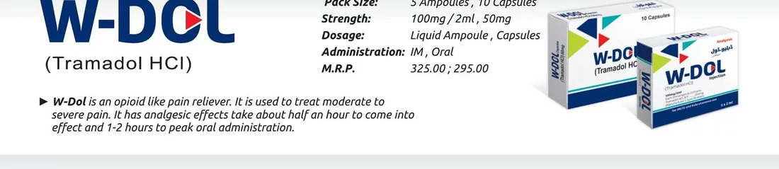 W-Dol (Tramadol HCl) (Tramadol HCl 50mg Capsule / 100mg per 2ml Injection) detail image – Wimits Pharmaceuticals