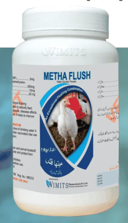 METHAFLUSH Powder-Each gram contains: Calcium Pantothenate (BP)....5mg   Methenamine (BP)    (Hexamethylene Tetramine)....955mg   VitaminB2(BP)....10mg   Nicotinamide(BP)....25mg – Wimits Pharmaceuticals