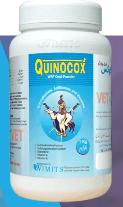 QUINOCOX Oral-Powder-Each 100 grams contains: Sulphadimidine Sodium....20gm   Sulphaquinoxaline Sodium....8.25gm   Diaverdine....4gm   Vitamin A....0.28MIU   Vitamin K3....0.2gm   (Wimits Specs) – Wimits Pharmaceuticals