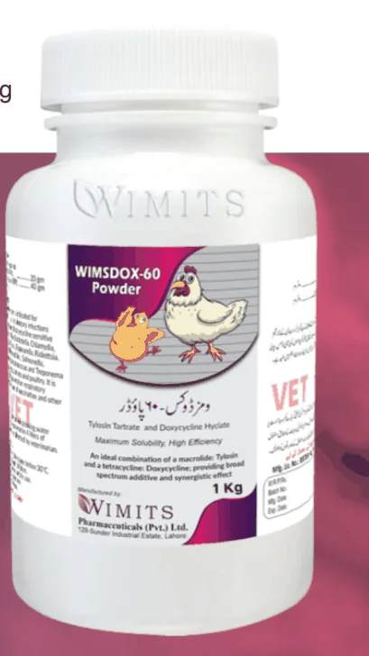 WIMDOX-60 Powder-Each 100 gram contains: Tylosin Tartrate(BP)....20gm   Doxycycline Hyclate (BP)....40gm   (Wimits Specs) – Wimits Pharmaceuticals
