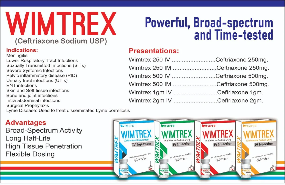 Wimtrex 1g Iv Injection (Ceftriaxone sodium) box pack – WIMITS Pharmaceuticals